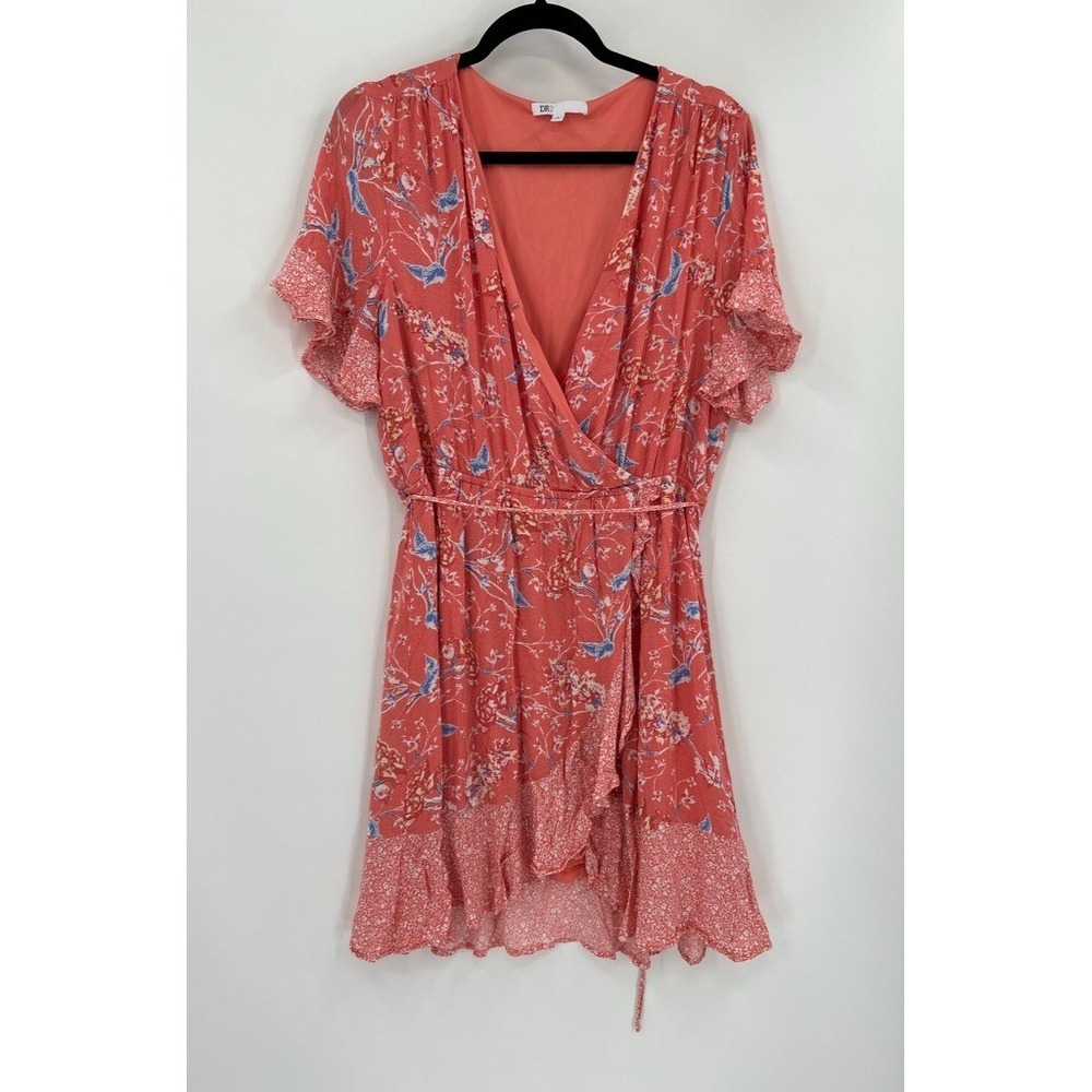 Dr2 Size L Orange Floral Faux Wrap Waist Tie Ruffle Dress Bloomcore Frilly